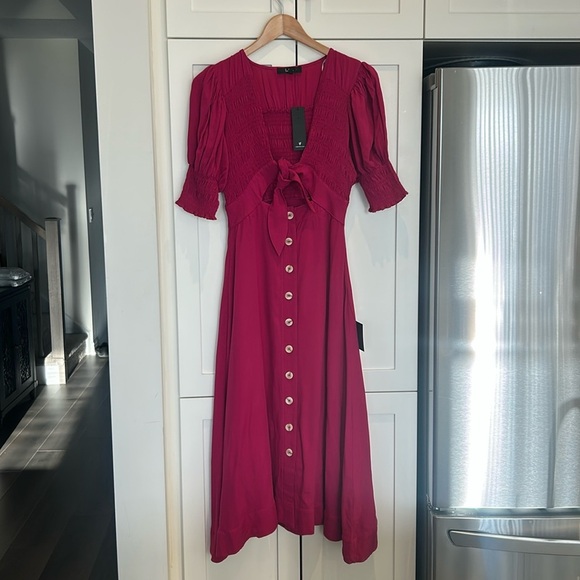 Lulu’s Featured Cutie Berry Pink Smocked Tie-Front Midi Dress Size XS - Picture 4 of 17